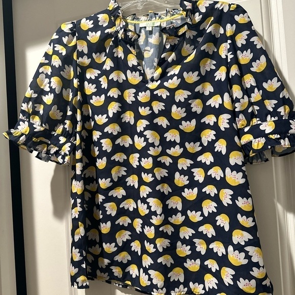 Jade By Melody yellow navy Puff Sleeve blouse summer spring shirt size medium‎ - Picture 1 of 8